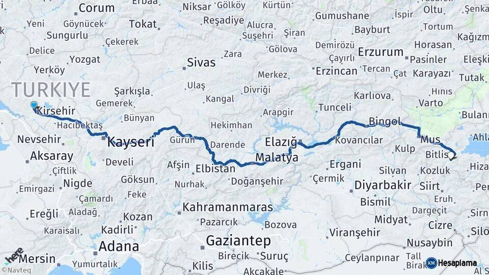 Kırşehir Bitlis Arası Kaç Km - Yol Haritası