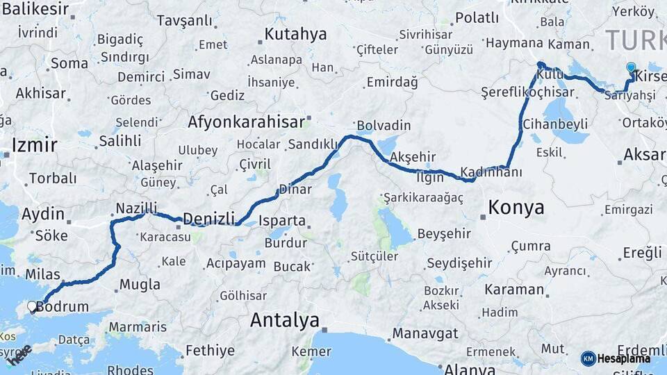 Kırşehir Bodrum Muğla Arası Kaç Km - Yol Haritası