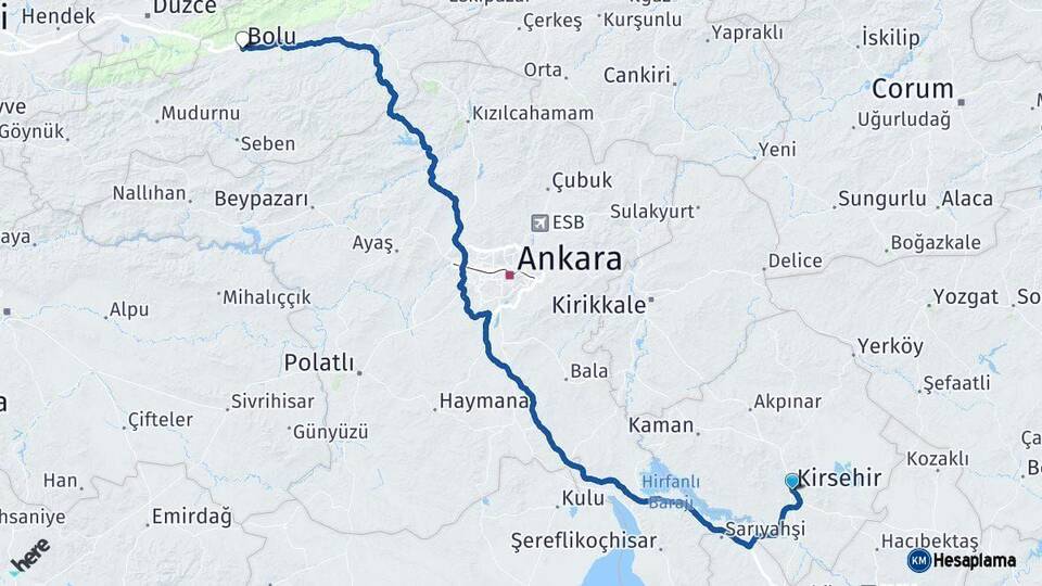 Kırşehir Bolu Arası Kaç Km - Yol Haritası