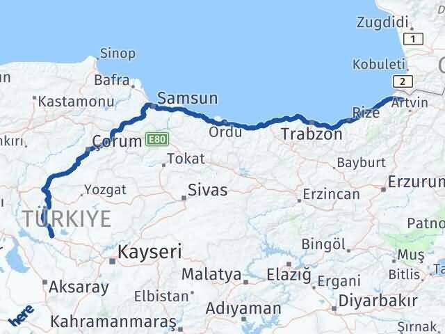 Kırşehir Borçka Artvin Arası Kaç Km - Yol Haritası