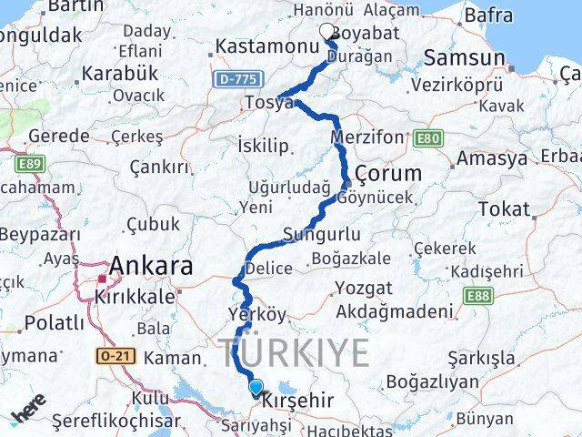 Kırşehir Boyabat Sinop Arası Kaç Km - Yol Haritası