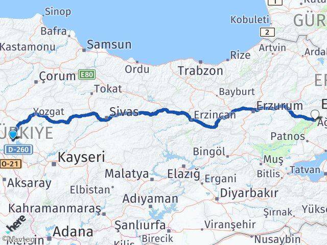 Kırşehir Boztepe Ağrı Arası Kaç Km - Yol Haritası