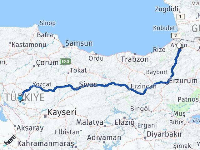 Kırşehir Boztepe Artvin Arası Kaç Km - Yol Haritası