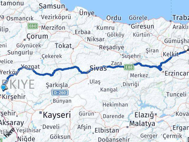 Kırşehir Boztepe Bayburt Arası Kaç Km - Yol Haritası