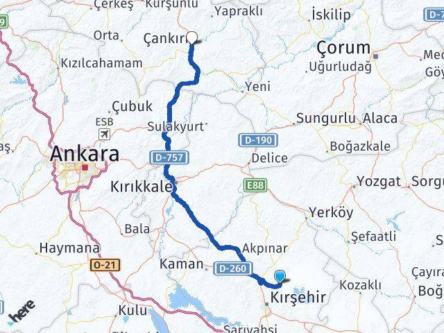 Kırşehir Boztepe Çankırı Arası Kaç Km - Yol Haritası