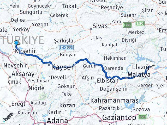 Kırşehir Boztepe Elazığ Arası Kaç Km - Yol Haritası