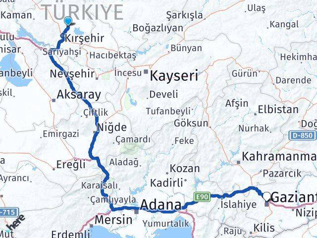Kırşehir Boztepe Gaziantep Arası Kaç Km - Yol Haritası
