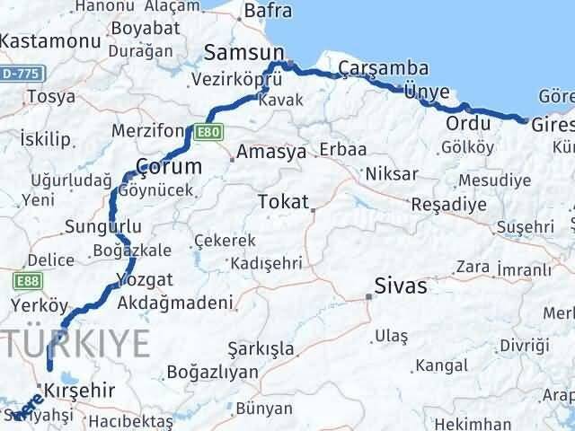 Kırşehir Boztepe Giresun Arası Kaç Km - Yol Haritası