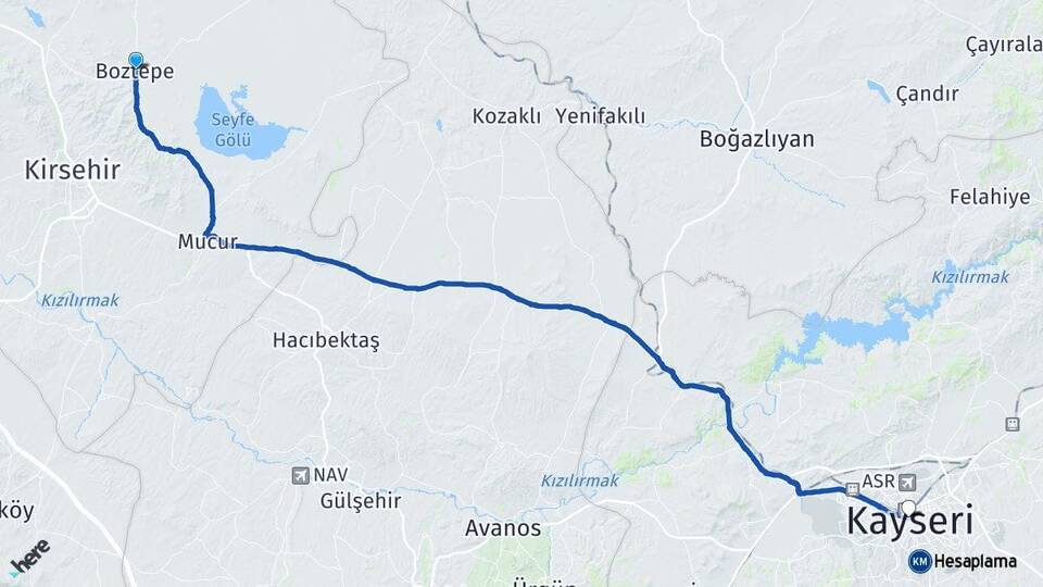 Kırşehir Boztepe Kayseri Arası Kaç Km - Yol Haritası