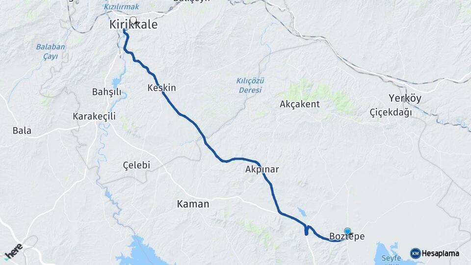 Kırşehir Boztepe Kırıkkale Arası Kaç Km - Yol Haritası
