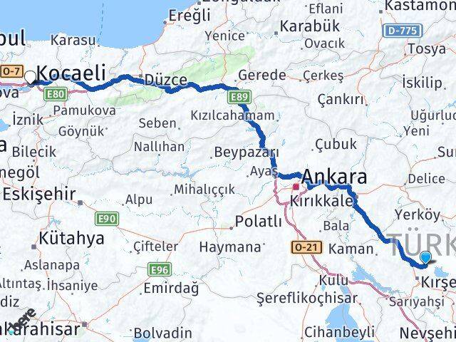 Kırşehir Boztepe Kocaeli Arası Kaç Km - Yol Haritası