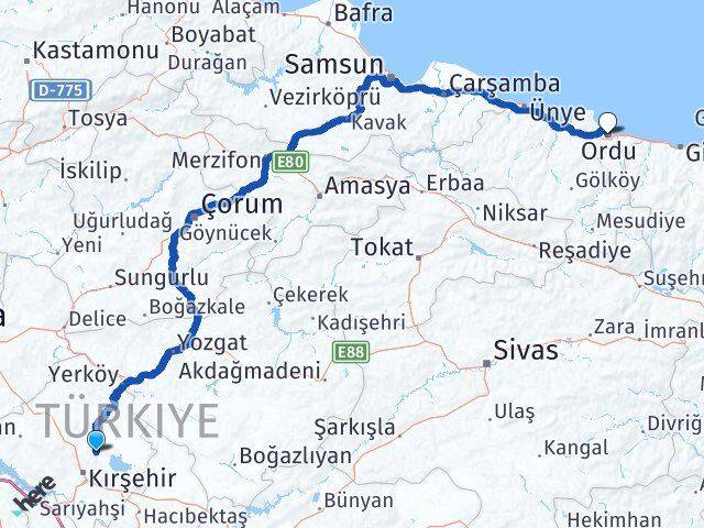 Kırşehir Boztepe Ordu Arası Kaç Km - Yol Haritası