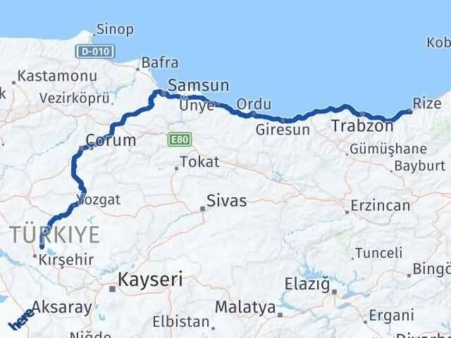 Kırşehir Boztepe Rize Arası Kaç Km - Yol Haritası