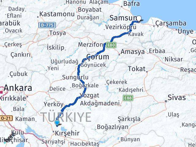Kırşehir Boztepe Samsun Arası Kaç Km - Yol Haritası