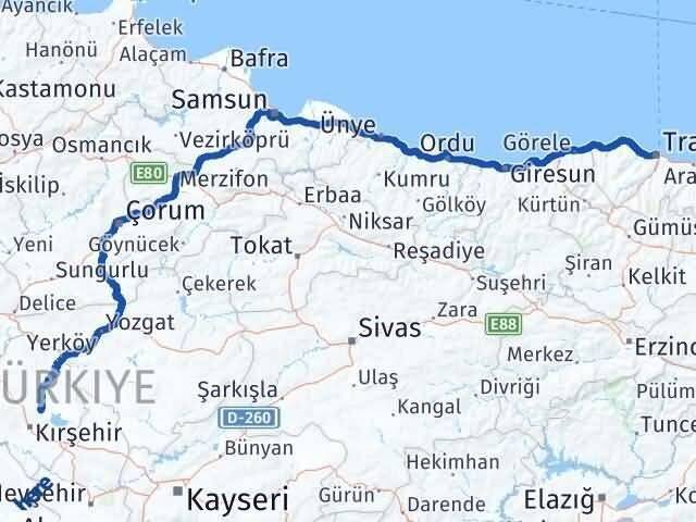 Kırşehir Boztepe Trabzon Arası Kaç Km - Yol Haritası