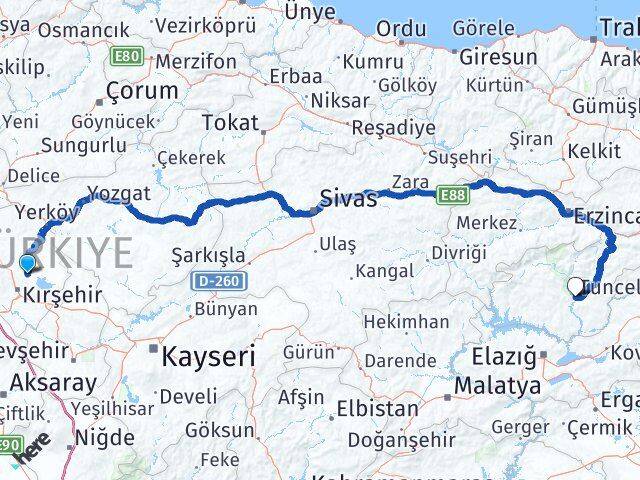 Kırşehir Boztepe Tunceli Arası Kaç Km - Yol Haritası