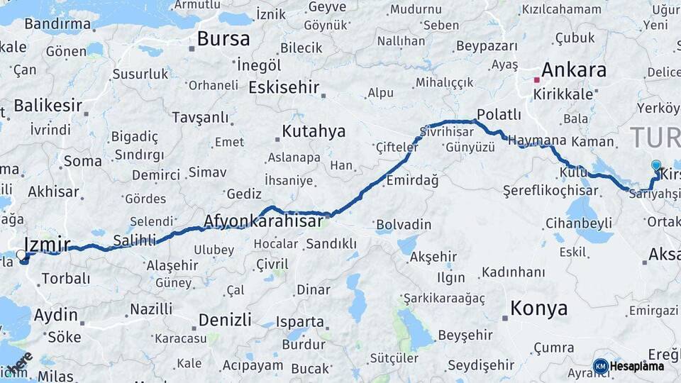 Kırşehir Buca İzmir Arası Kaç Km - Yol Haritası