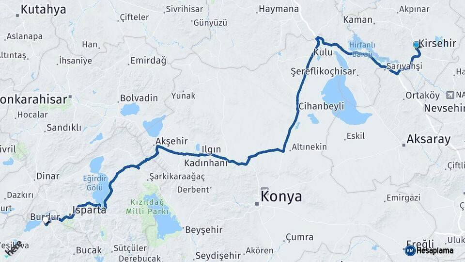 Kırşehir Burdur Arası Kaç Km - Yol Haritası