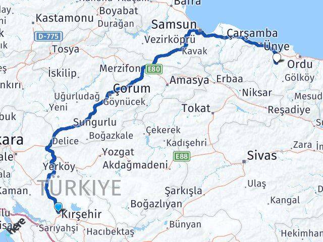 Kırşehir Çamaş Ordu Arası Kaç Km - Yol Haritası