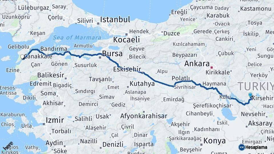 Kırşehir Çanakkale Arası Kaç Km - Yol Haritası