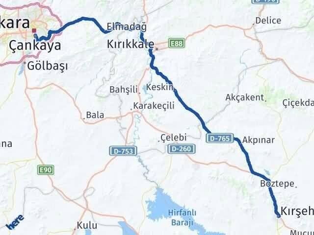 Kırşehir Çankaya Ankara Arası Kaç Km - Yol Haritası