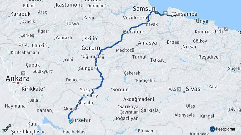 Kırşehir Çarşamba Samsun Arası Kaç Km - Yol Haritası