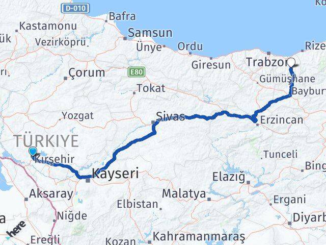 Kırşehir Çaykara Trabzon Arası Kaç Km - Yol Haritası