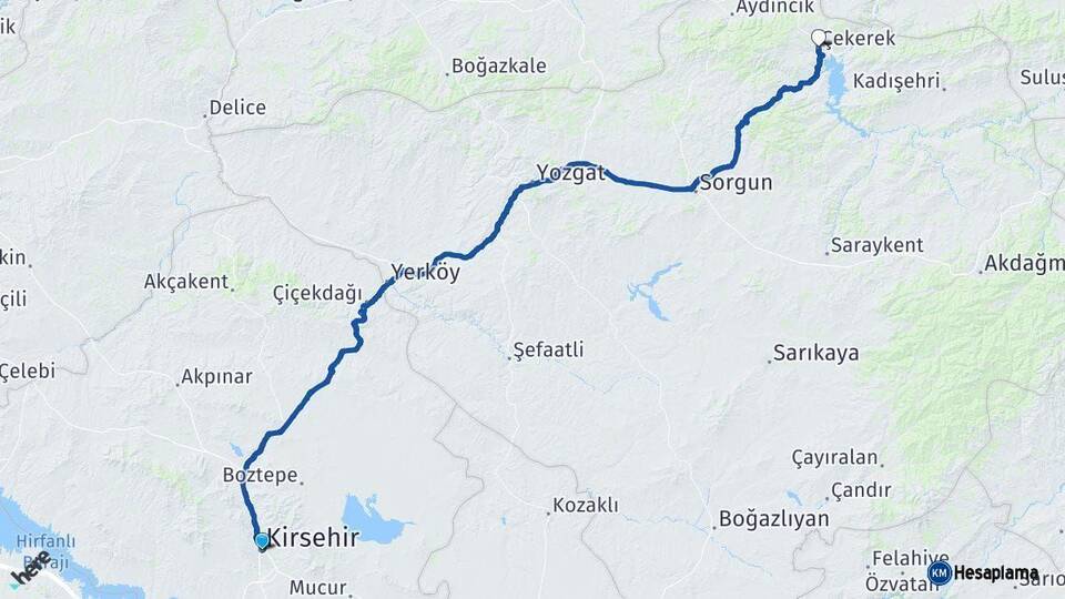 Kırşehir Çekerek Yozgat Arası Kaç Km - Yol Haritası