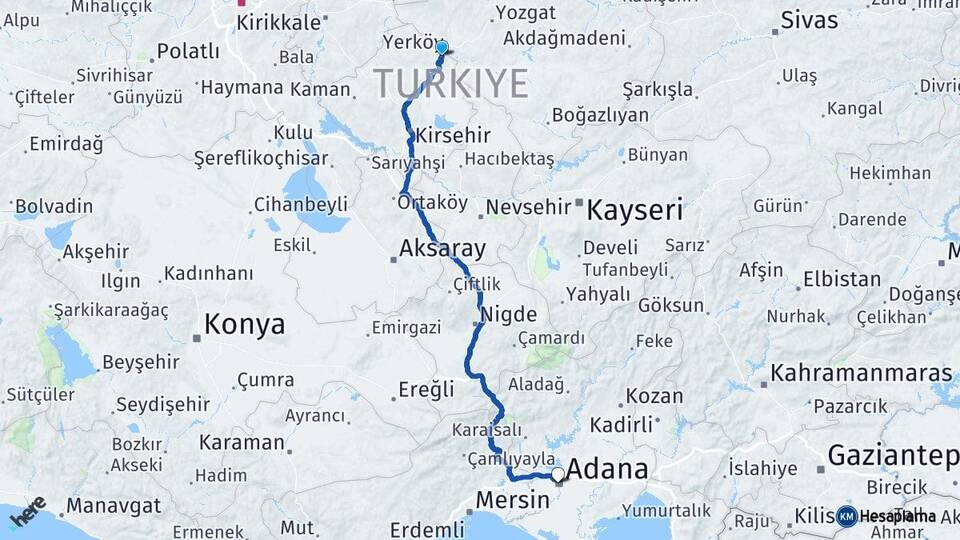 Kırşehir Çiçekdağı Adana Arası Kaç Km - Yol Haritası