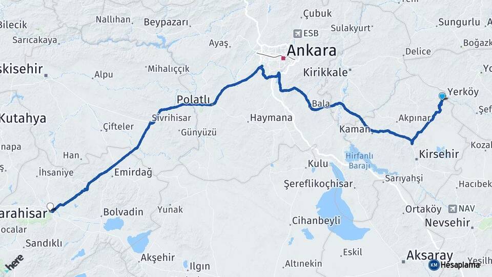 Kırşehir Çiçekdağı Afyonkarahisar Arası Kaç Km - Yol Haritası