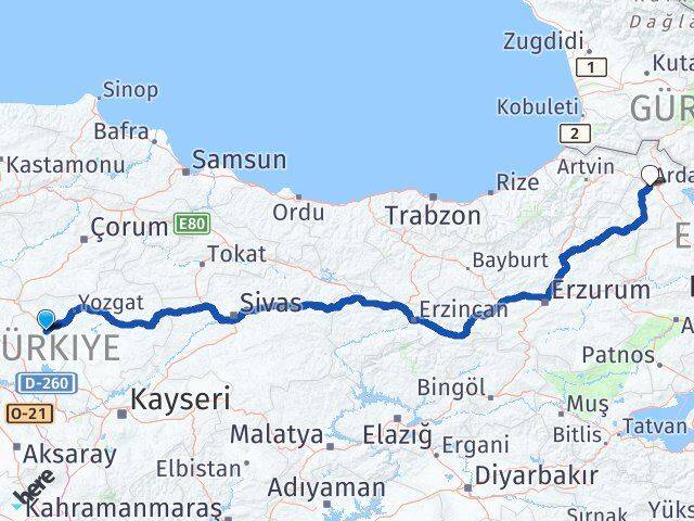 Kırşehir Çiçekdağı Ardahan Arası Kaç Km - Yol Haritası
