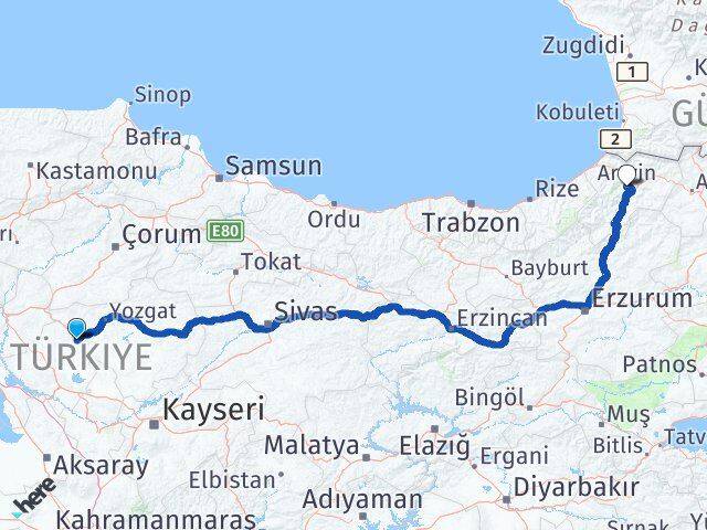 Kırşehir Çiçekdağı Artvin Arası Kaç Km - Yol Haritası