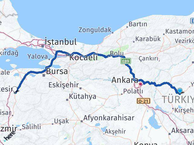 Kırşehir Çiçekdağı Balıkesir Arası Kaç Km - Yol Haritası