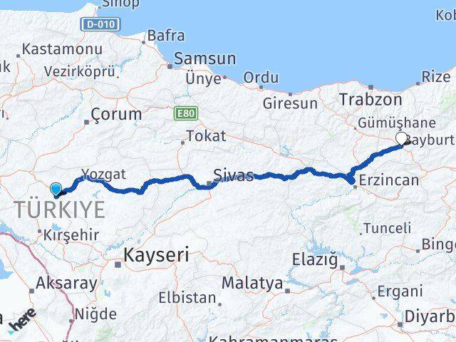 Kırşehir Çiçekdağı Bayburt Arası Kaç Km - Yol Haritası