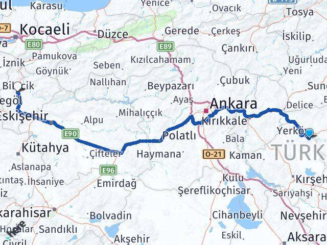 Kırşehir Çiçekdağı Bilecik Arası Kaç Km - Yol Haritası