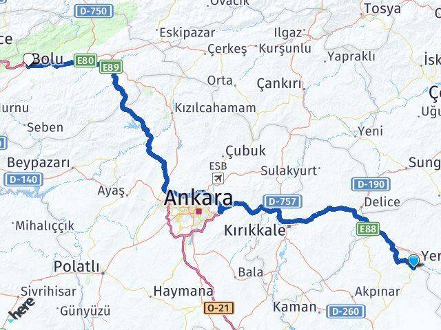 Kırşehir Çiçekdağı Bolu Arası Kaç Km - Yol Haritası