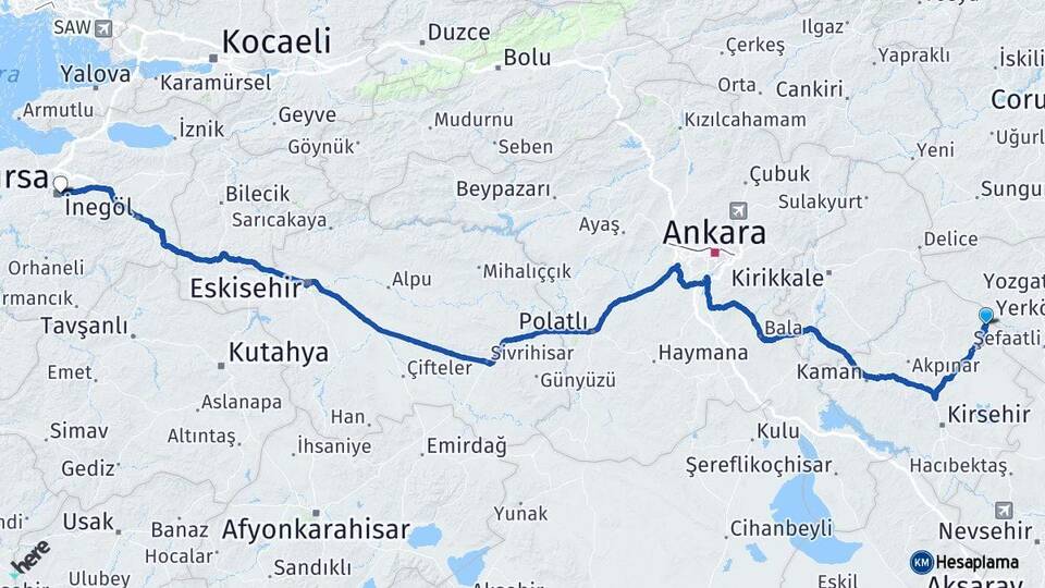 Kırşehir Çiçekdağı Bursa Arası Kaç Km - Yol Haritası