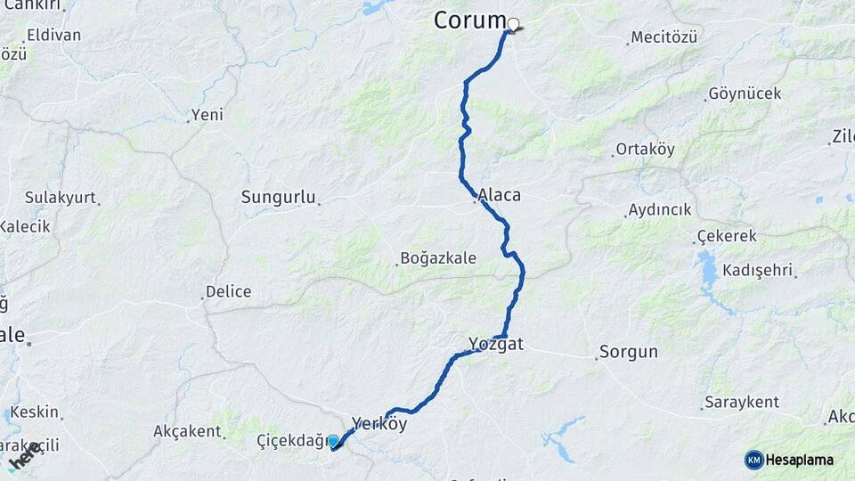 Kırşehir Çiçekdağı Çorum Arası Kaç Km - Yol Haritası
