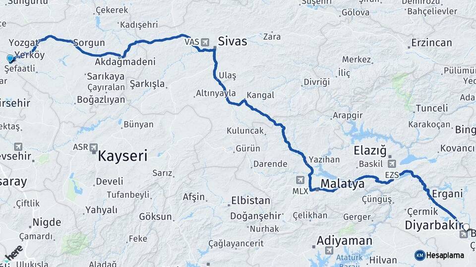 Kırşehir Çiçekdağı Diyarbakır Arası Kaç Km - Yol Haritası