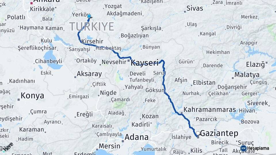 Kırşehir Çiçekdağı Gaziantep Arası Kaç Km - Yol Haritası