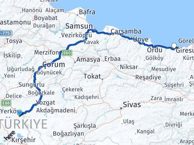 Kırşehir Çiçekdağı Giresun Arası Kaç Km - Yol Haritası