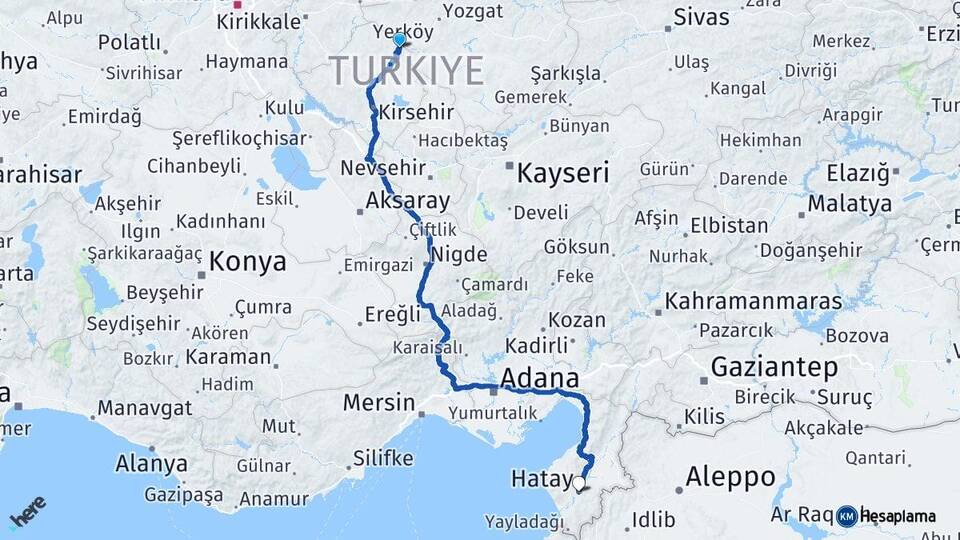 Kırşehir Çiçekdağı Hatay Arası Kaç Km - Yol Haritası