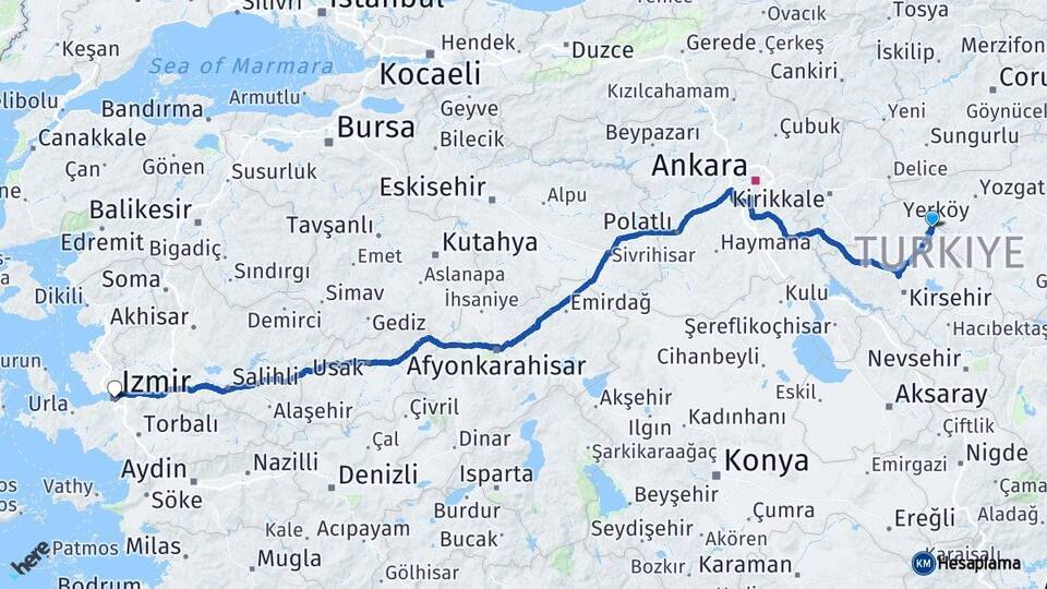 Kırşehir Çiçekdağı İzmir Arası Kaç Km - Yol Haritası