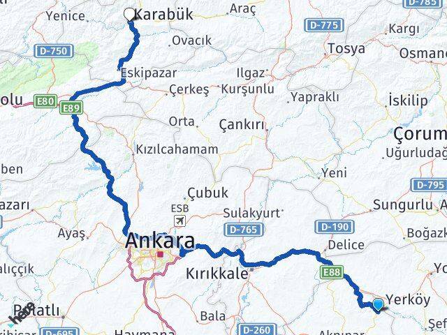 Kırşehir Çiçekdağı Karabük Arası Kaç Km - Yol Haritası