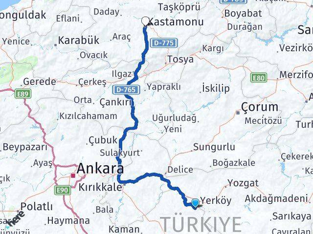 Kırşehir Çiçekdağı Kastamonu Arası Kaç Km - Yol Haritası