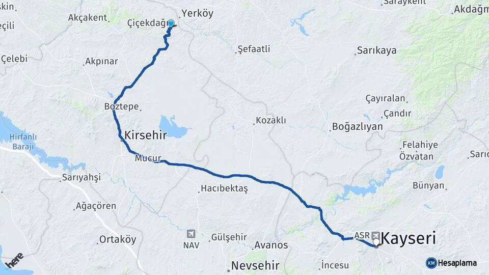 Kırşehir Çiçekdağı Kayseri Arası Kaç Km - Yol Haritası