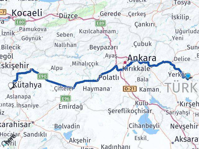 Kırşehir Çiçekdağı Kütahya Arası Kaç Km - Yol Haritası