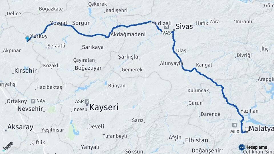 Kırşehir Çiçekdağı Malatya Arası Kaç Km - Yol Haritası