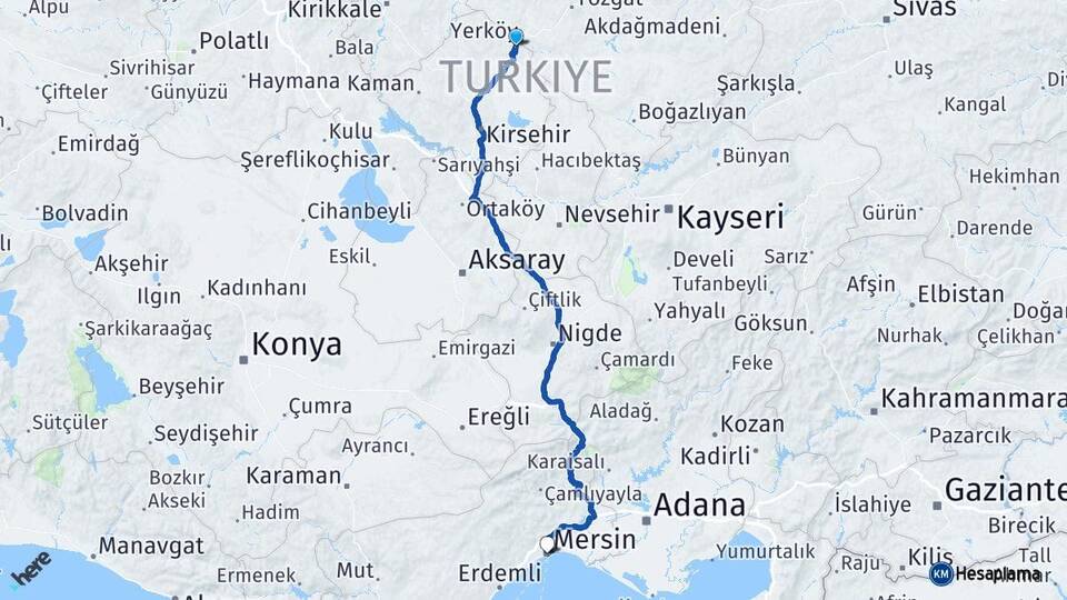 Kırşehir Çiçekdağı Mersin Arası Kaç Km - Yol Haritası