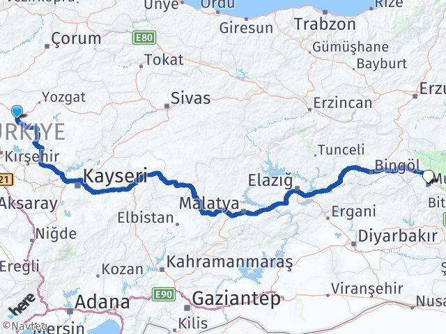 Kırşehir Çiçekdağı Muş Arası Kaç Km - Yol Haritası